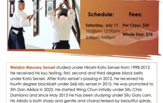 Flyer for NOLA Aikido Saturday Seminar with Weldon Mauney Sensei; photo of two practitioners sparring, with schedule, fees, bio text, and contact info.