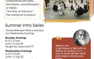 Promotional flyer for NOLA Aikido Summer Intro Series for new adult students: six-week evening classes (Mondays and Wednesdays), with dates, times, and instructors; includes a dojo photo, a founder portrait with a quote, a QR code, and contact information.